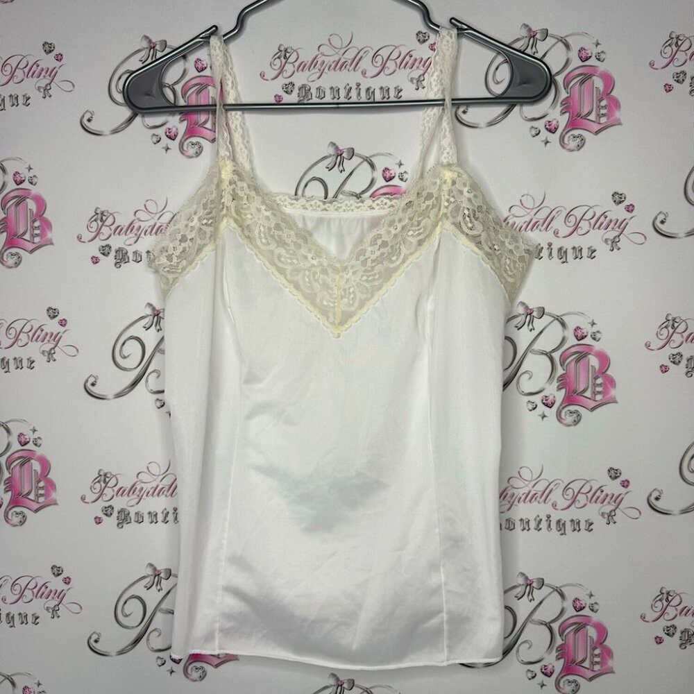 Tank top camisole white lace vintage cream shiny shimmer shirt cami light